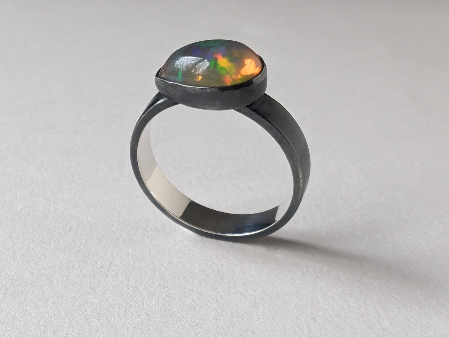 Oxidised silver opal ring