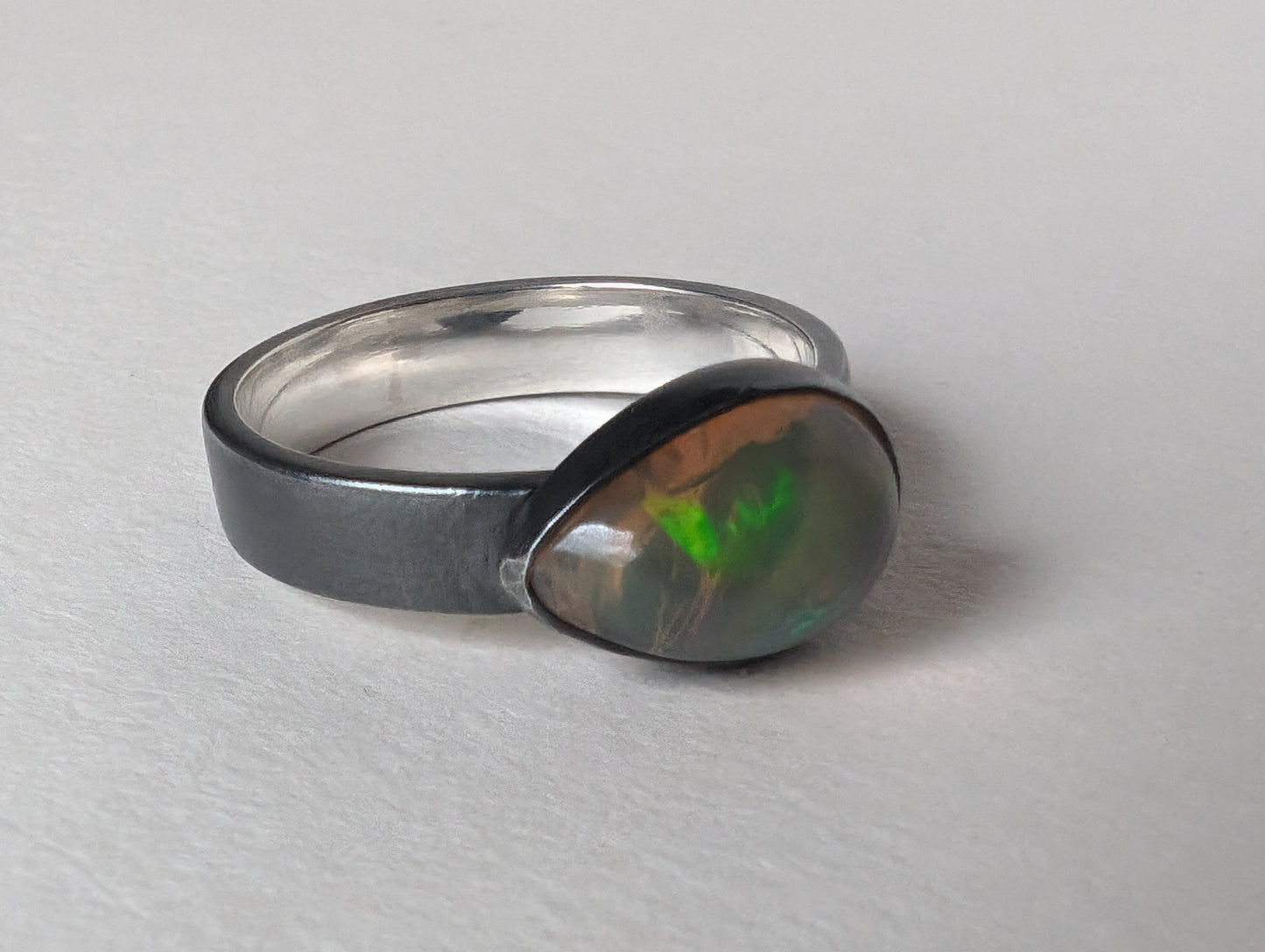 Oxidised silver opal ring